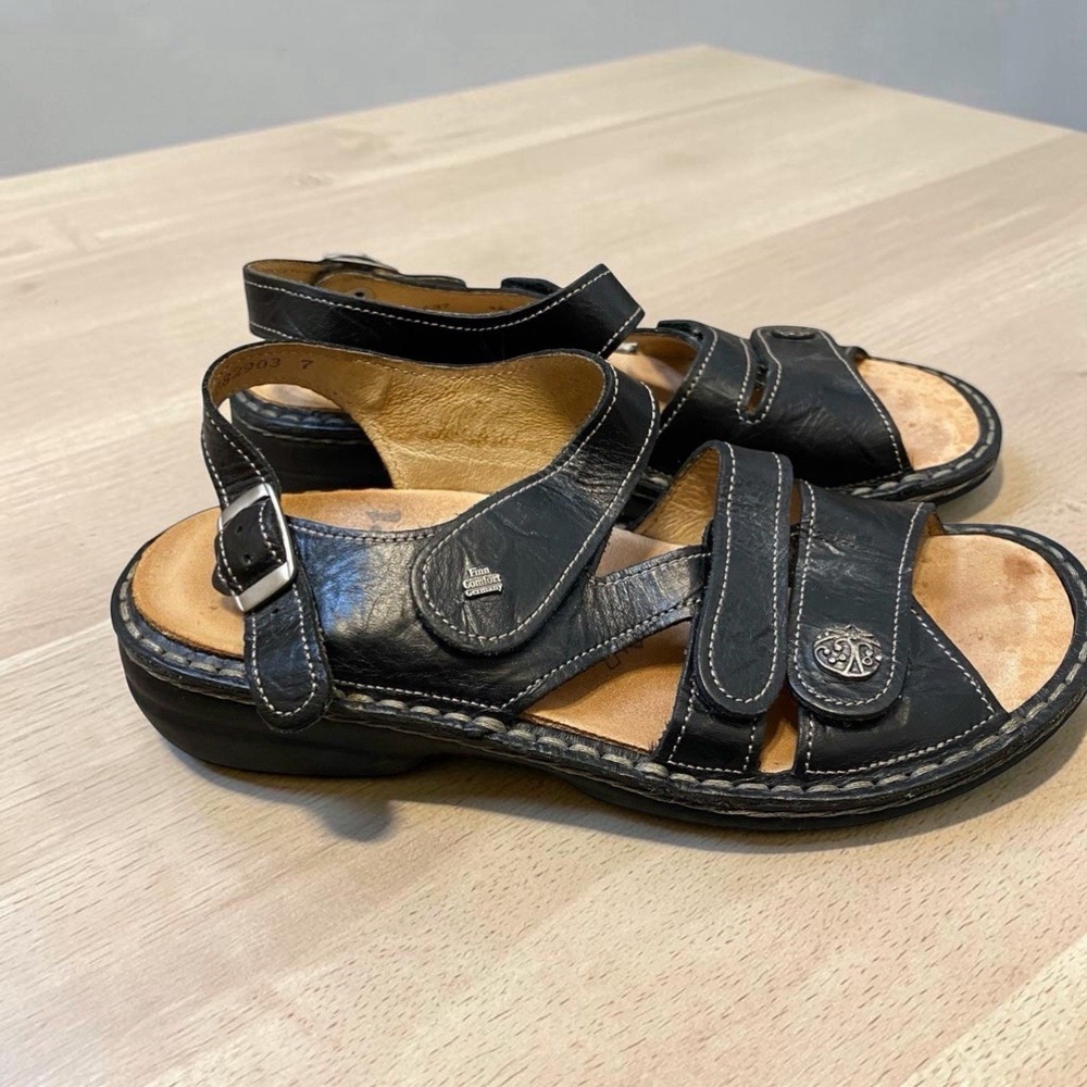 Finn Comfort Sandals Size 7 EU 37 Black Leather Slingback Strappy Comfort Summer